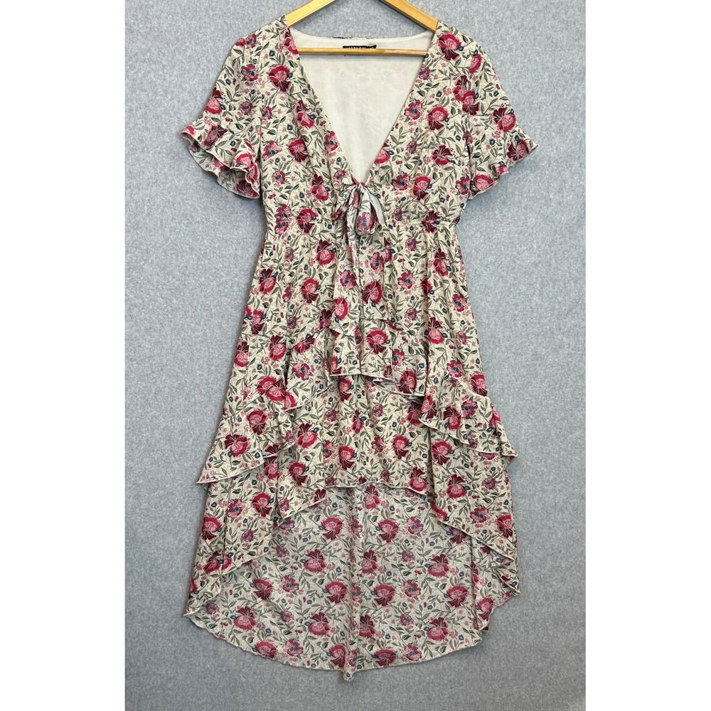 Nasty Gal Dress Cream Floral Hi Low Tie Front Flutter Sleeve Cottagecore Size 6
